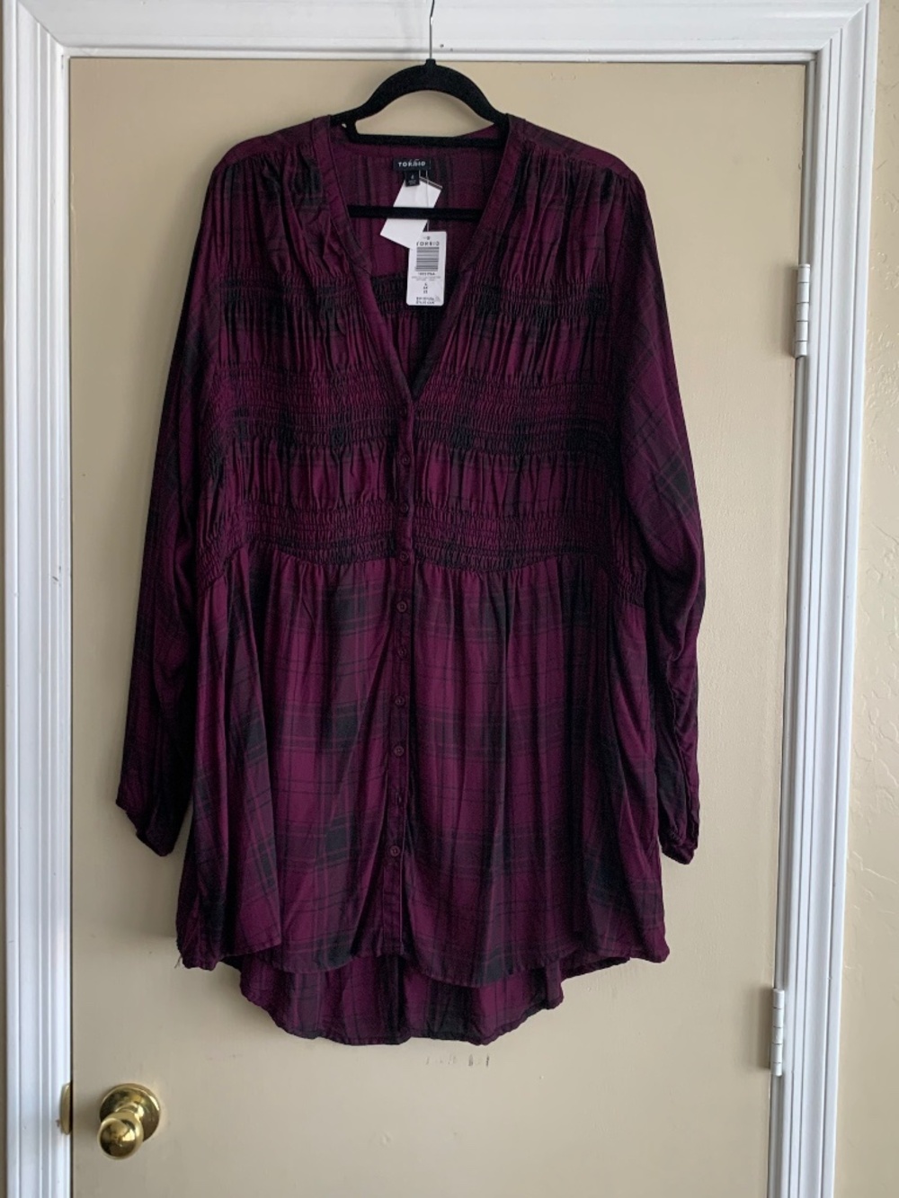 Torrid Milly Purple Plaid Smocked V- neck Button Front Tunic Shirt 4X Top